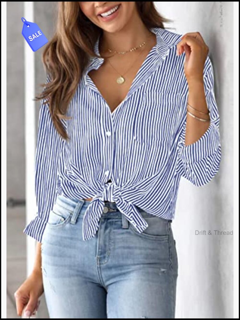 Women's Striped Button Down Long Sleeve Blouse with Pocket - Picture 2 of 6